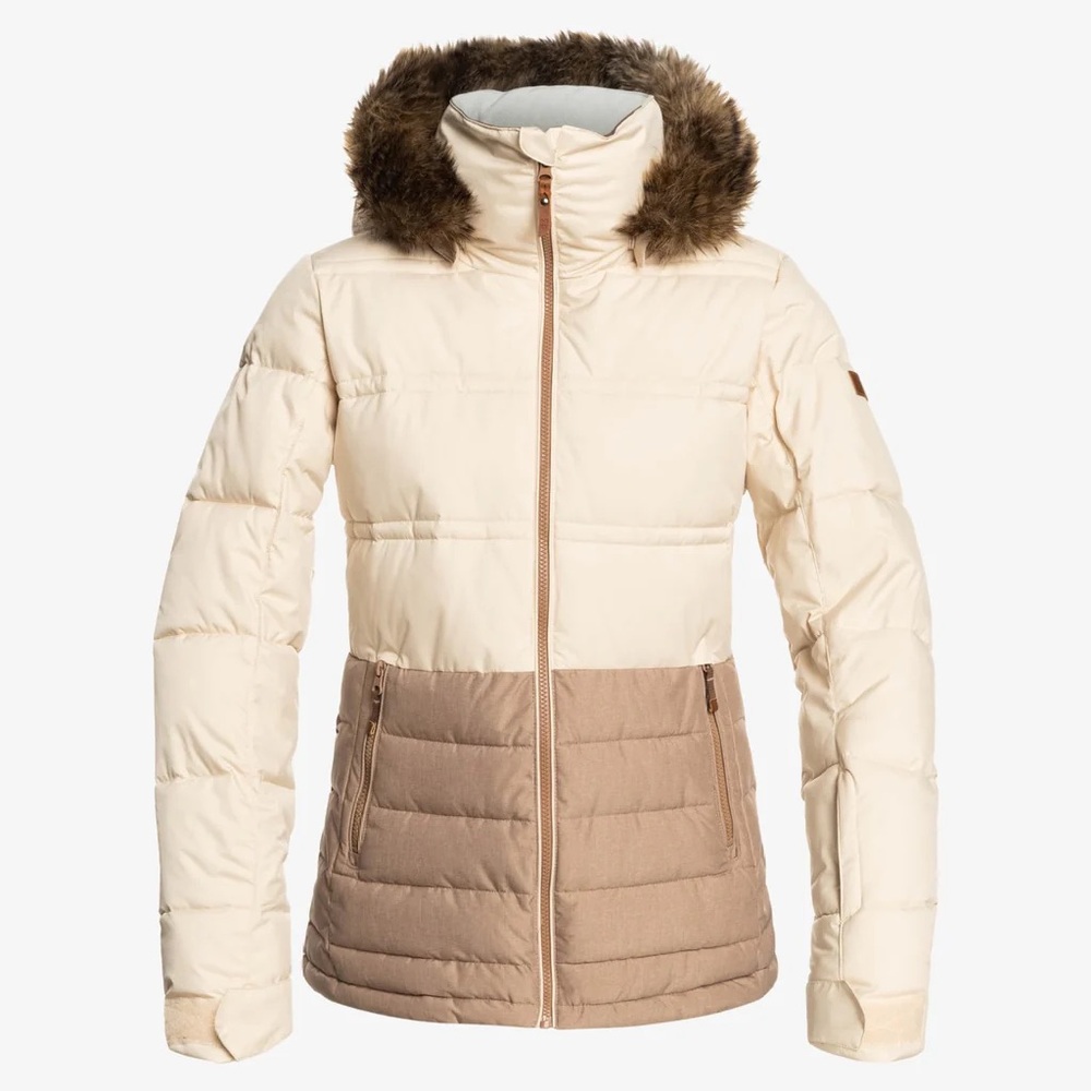 Roxy Quinn Hooded Insulated Ski Jacket Women’s Size L Colorblock Faux Fur Hood